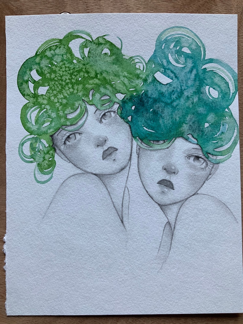Original watercolor Illustration Whimsical Swirly hair Portrait Women Sisters Friends Art Gifts for Her