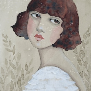 May include: Watercolor painting of a woman with dark brown hair and fair skin. She has red lips and is wearing a white, layered garment. The background is a beige color with light brown leaf and star details.