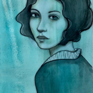 May include: A watercolour painting of a woman with short, dark hair. She is wearing a teal blue dress with a white collar. The background is a light blue watercolour wash.