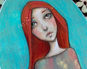 Original whimsical painting on wood, red haired lass, Gifts for her