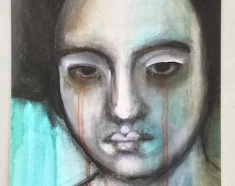 May include: A watercolor portrait of a person with a somber expression. The face is painted in shades of gray and blue, with streaks of brown resembling tears. The background features muted greens and blues.