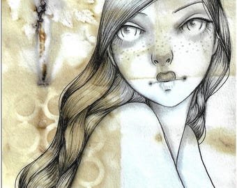 May include: A pencil and ink drawing of a woman with long wavy hair and freckles. The woman is looking over her shoulder. The background is a textured, light brown color with a pattern.