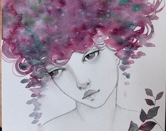 Original Watercolor painting portrait swirly hair woman Gift for her