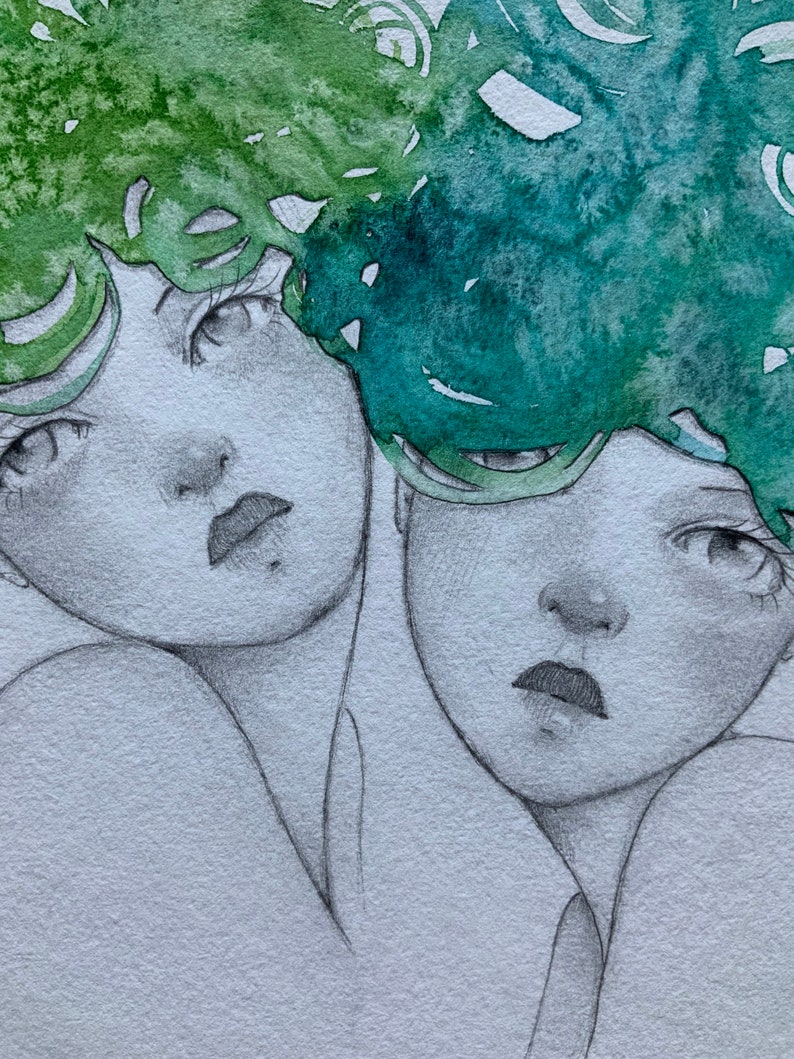Original watercolor Illustration Whimsical Swirly hair Portrait Women Sisters Friends Art Gifts for Her