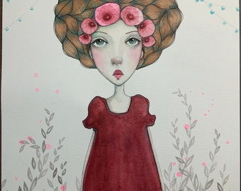 Original Watercolor painting Pink Poppies girl Gift for her