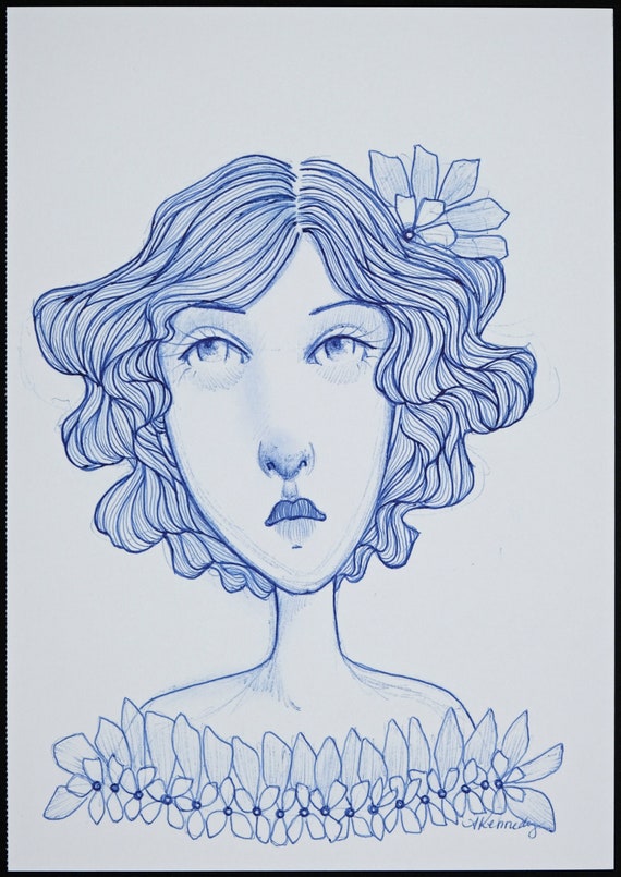 Woman In Blue Ink Original Ink Illustration Blue Portrait Girl With Flowers - Etsy