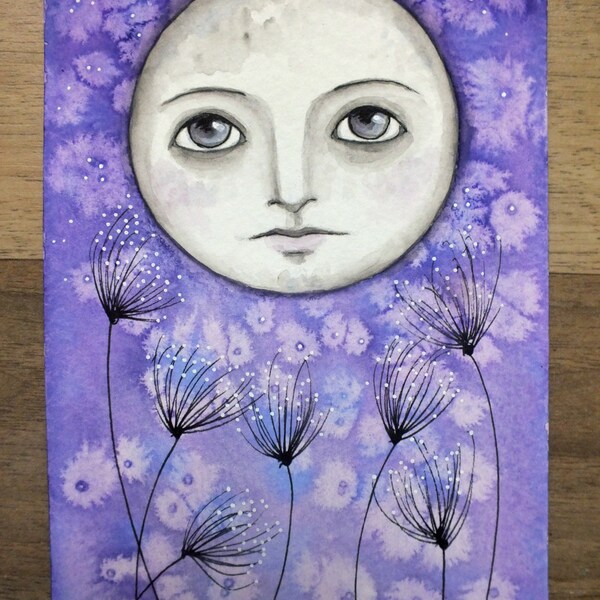OOAK Original Aquarelle "Unter the Moonlight" von A Kennedy Mond Nachthimmel Sterne Blumen