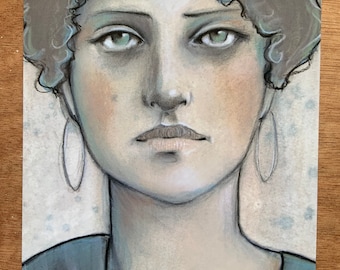 May include: A pastel portrait of a woman with curly gray hair and large oval earrings. Her skin is pale with touches of pink and her eyes are green. She wears a dark blue top. The artwork is on a light background.