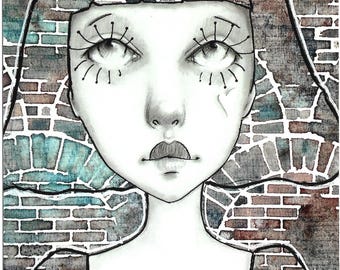 May include: A watercolor illustration of a woman's face with large eyes and long eyelashes. The background is a brick wall pattern in shades of brown, gray, and blue. The woman's hair and clothing are also patterned with the brick design.