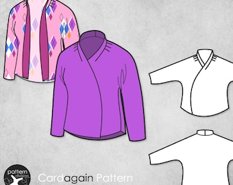 May include: A pattern for a cardigan with a wrap style front. The pattern includes a purple cardigan and a white cardigan with a diamond pattern.