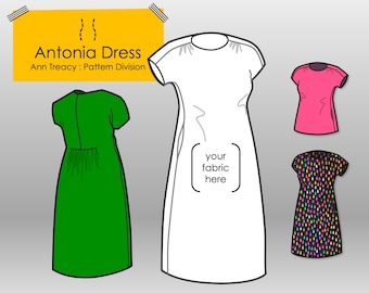 May include: Antonia Dress pattern by Ann Treacy: Pattern Division. A white dress with short sleeves and a green dress with short sleeves. The white dress has a text box that says "your fabric here".