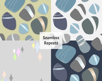 May include: Four seamless patterns featuring different coloured and patterned stones. The patterns are on a light green, white, grey, and dark blue background. The text "Seamless Repeats" is in the centre of the image.