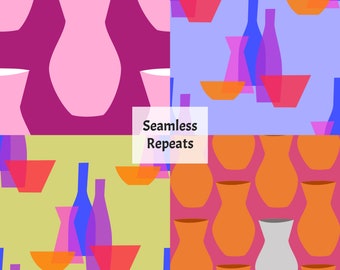 May include: Four different seamless patterns featuring abstract geometric shapes in various colours. The patterns include pink, orange, purple, blue, and yellow vases and bowls.