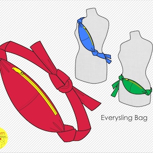 May include: A red, green and blue fabric sling bag with a zipper closure. The bag is shown on three mannequins, worn as a crossbody bag. The text "Eversling Bag" is printed below the image.