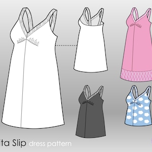 May include: An illustration of the Anita Slip dress pattern. The image shows the dress in white, pink, black, and blue with a cloud pattern. The dresses have a V-neckline and lace trim.