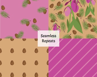 Pink Lady Slipper Orchidee e Forest Floor Pattern PNG Seamless Repeats Download istantaneo