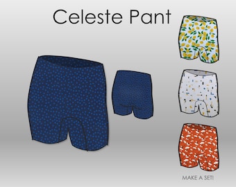 May include: A digital illustration of a pair of blue, white, and orange underpants with different patterns. The text "Celeste Pant" is at the top of the image. The text "MAKE A SET!" is at the bottom of the image.