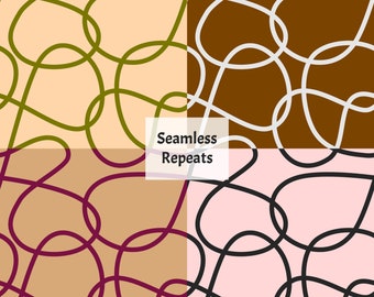 May include: Four seamless pattern designs featuring abstract shapes in various colours. The patterns are made up of overlapping, curved lines. The top left pattern is green on a light orange background. The top right pattern is white on a brown background. The bottom left pattern is burgundy on a light brown background. The bottom right pattern is black on a pink background. The text "Seamless Repeats" is in the centre of the image.