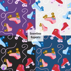 May include: A seamless pattern featuring colorful roller skates with rainbow laces and pink wheels. The skates are on a background of purple, white, black, and blue with white, brown, and gold swirls.