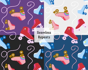 May include: A seamless pattern featuring colourful roller skates with rainbow laces and pink wheels. The skates are on a background of purple, white, black, and blue with white, brown, and gold swirls.