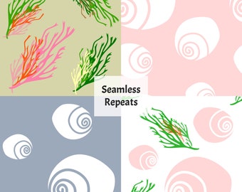 May include: Four seamless pattern designs featuring a variety of sea life. The top left pattern is green and pink seaweed on a light brown background. The top right pattern is white seashells on a pink background. The bottom left pattern is white seashells on a light blue background. The bottom right pattern is green seaweed and white seashells on a white background. The text "Seamless Repeats" is in the centre of the image.