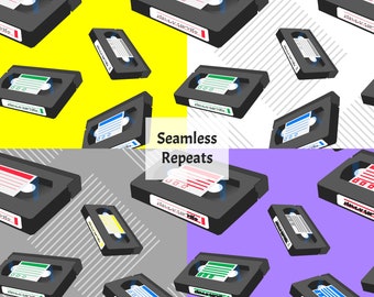 May include: A seamless pattern featuring a repeating design of black VHS video cassette tapes with colourful labels on different coloured backgrounds. The backgrounds are yellow, white, grey, and purple.