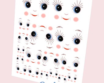 May include: A white printable sheet with multiple doll faces. Each face has blue eyes, long eyelashes, rosy cheeks, and red smiles. The word "Cutie" is in blue script, with "Doll Face Printable Transfer" below.