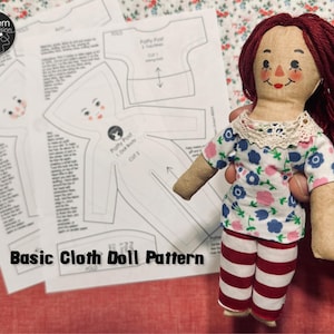 May include: A basic cloth doll pattern with instructions for making a rag doll. The pattern includes a doll body, a dress, and a collar. The pattern is printed on white paper and is ready to be cut out and used.