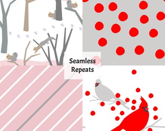 May include: Four different seamless patterns featuring winter themes. The top left pattern is a pink and white background with grey trees, squirrels, and footprints. The top right pattern is a grey background with red polka dots. The bottom left pattern is a pink and white striped pattern. The bottom right pattern is a white background with a grey bird, a red cardinal, and red berries.