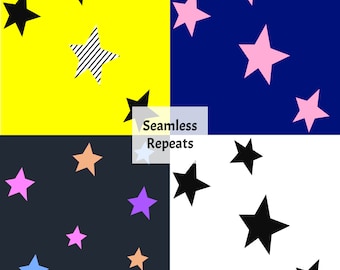 May include: A seamless pattern design featuring black, pink, and purple stars on a yellow, blue, black, and white background. The text "Seamless Repeats" is in the centre of the image.