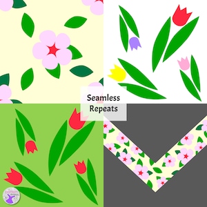 Tulips and Chevron Flower Patterns PNG Seamless Repeats Instant Download