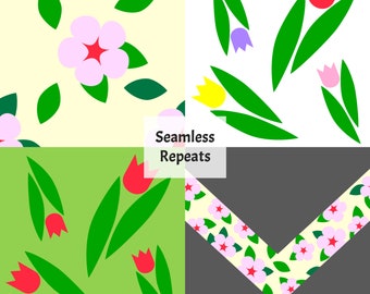 May include: Four different seamless patterns featuring flowers. The top left pattern is a pale yellow background with pink flowers and green leaves. The top right pattern is a white background with red, yellow, and purple flowers with green leaves. The bottom left pattern is a light green background with red flowers and green leaves. The bottom right pattern is a pale yellow background with pink flowers and green leaves on a grey background.