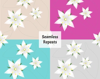 May include: A seamless pattern featuring white flowers with yellow centres on four different coloured backgrounds: beige, pink, turquoise, and grey. The text "Seamless Repeats" is in the centre of the image.