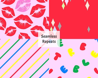 May include: Four different seamless repeat patterns. The top left pattern is pink with red lips. The top right pattern is red with light blue, grey, and yellow diamonds. The bottom left pattern is pink with red, yellow, blue, and green diagonal stripes. The bottom right pattern is pink with red, yellow, blue, and green letters.