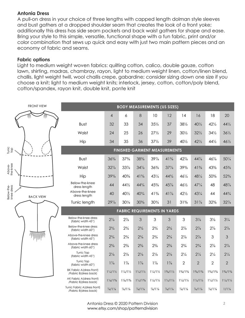 Antonia Dress and Tunic PDF Sewing Pattern for Women Digital - Etsy