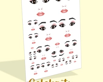 May include: Printable doll face transfer sheet with multiple images of celebrity faces with different eye, eyebrow, and lip shapes. The sheet is white with black text that reads "Celebrity Doll Face Printable Transfer | Pattern Division © 2024" and "Celebrity Doll Face Printable Transfer".