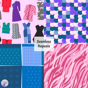 May include: A collage of seamless patterns featuring various designs, including hearts, stripes, animal prints, and circles. The text "Seamless Repeats" is displayed in the center of the image.