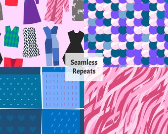 Moda vintage anni '80, pelliccia rosa, patchwork denim e paillettes PNG ripetizioni istantanee