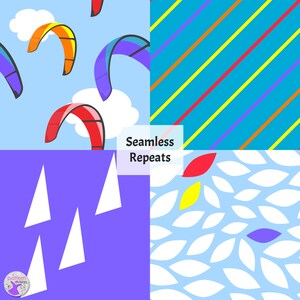 May include: A collage of four different seamless patterns. The top left pattern features colourful kites against a blue sky. The top right pattern is a blue background with diagonal stripes in yellow, red, and purple. The bottom left pattern is a purple background with white sailboats. The bottom right pattern is a blue background with white leaf shapes.