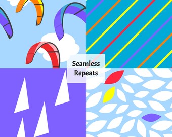 May include: A collage of four different seamless patterns. The top left pattern features colourful kites against a blue sky. The top right pattern is a blue background with diagonal stripes in yellow, red, and purple. The bottom left pattern is a purple background with white sailboats. The bottom right pattern is a blue background with white leaf shapes.
