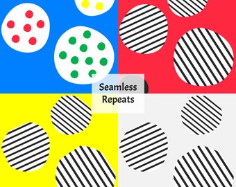 May include: A seamless pattern design with repeating geometric shapes. The design features circles with different patterns, including stripes, dots, and solid colours. The colours used are red, yellow, blue, green, black, and white.