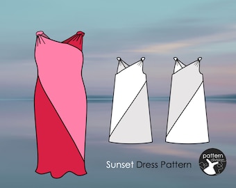 May include: Illustration of a Sunset Dress Pattern. The dress is shown in three variations. One dress is a gradient of pink and red. The other two are white and grey. The text "Sunset Dress Pattern" is below the dresses.