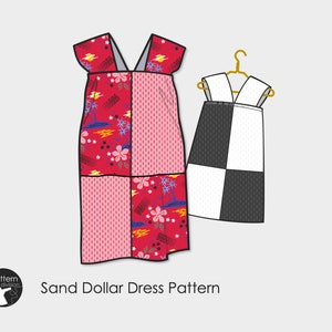 Könnte beinhalten: Eine digitale Illustration von zwei Kleidermustern. Das erste Kleid ist rot mit einem geometrischen Muster und einem schwarz-weiß karierten Muster. Das zweite Kleid ist schwarz-weiß kariert. Der Text "Sand Dollar Dress Pattern" befindet sich unter den Kleidern.