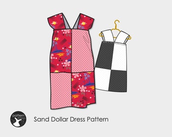 May include: A digital illustration of two dress patterns. The first dress is red with a geometric pattern and a black and white checked pattern. The second dress is black and white checked. The text "Sand Dollar Dress Pattern" is below the dresses.