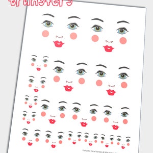 May include: A white sheet printed with multiple doll face transfers. Each face features black eyebrows, blue or green eyes, red lips, and pink cheeks. The text "Iron-on doll face transfers" is at the top. The bottom right corner reads "Patty Doll Face Transfers © 2024 Pattern Division."