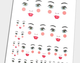 May include: A white sheet printed with multiple doll face transfers. Each face features black eyebrows, blue or green eyes, red lips, and pink cheeks. The text "Iron-on doll face transfers" is at the top. The bottom right corner reads "Patty Doll Face Transfers © 2024 Pattern Division."