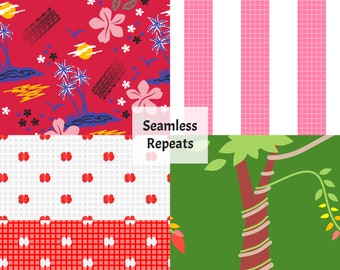 May include: A collage of four different seamless patterns. The top left pattern is red with white flowers, palm trees, and a sunset. The top right pattern is pink and white stripes. The bottom left pattern is white with red polka dots. The bottom right pattern is green with a brown tree and vines.