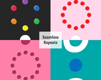 May include: A digital illustration of four squares with different coloured backgrounds and geometric shapes. The top left square is black with a white circle, a yellow circle, a red circle, a blue circle, a purple circle, and a green circle. The top right square is pink with a red circle of smaller circles. The bottom left square is pink with a circle of purple circles. The bottom right square is teal with a white circle, a blue circle, and a white ring. The text "Seamless Repeats" is in the centre of the image.