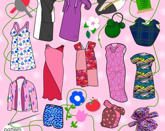 May include: A collection of 13 sewing patterns for clothing and accessories. The patterns include dresses, skirts, tops, a jacket, shorts, and a bag. The patterns are illustrated in a colourful and whimsical style. The text "Pattern Bundle!" is included in the image.