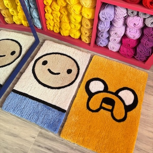 Tapis touffeté fait main Jake dog & Finlandais, tapis tufté, cadeau de Noël, art mural personnalisé, décoration de dessin animé, déco 3D